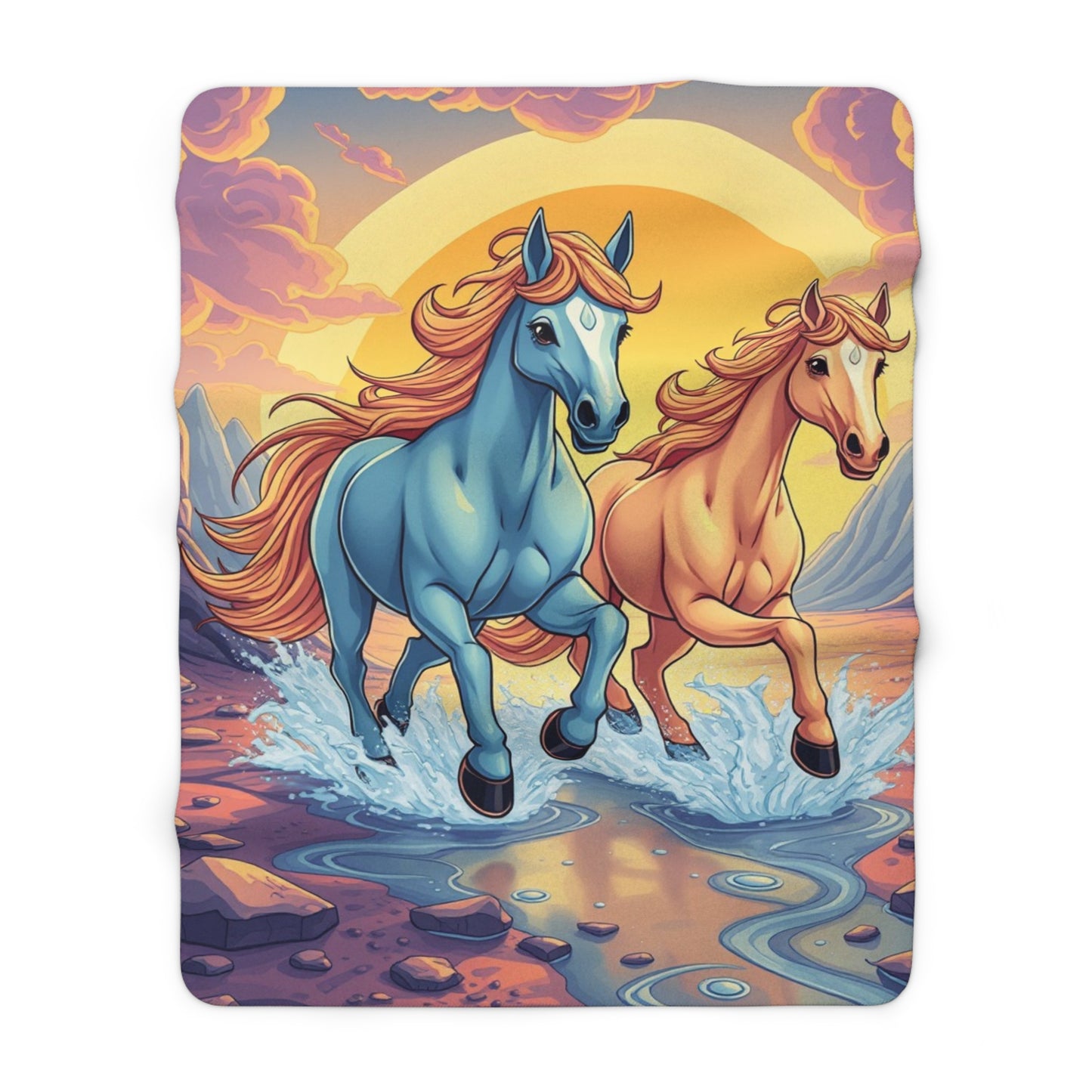 "Blue and Orange Horse Friends" Sherpa Fleece Blanket