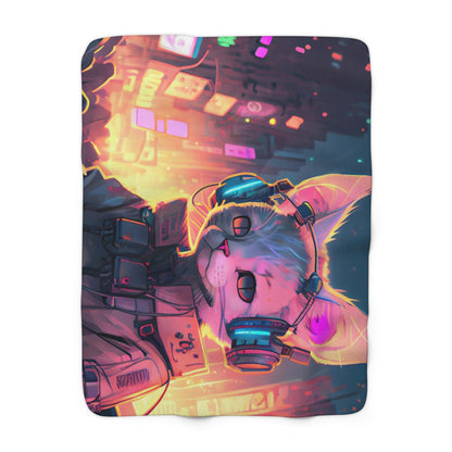 White Futuristic Cyberpunk Techno Cat With Headphones Fleece Blanket