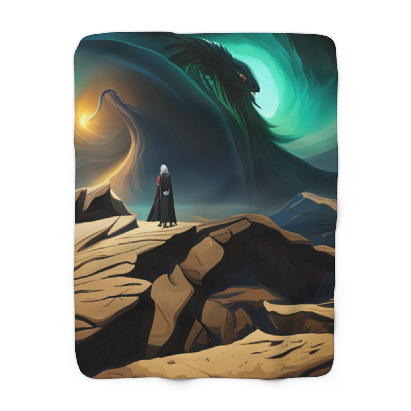 White-Haired Wanderer Being Watched By Giant Alien on Alien Planet Fleece Blanket