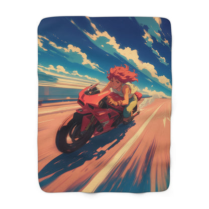 Fast Motorcycle Driving Red-Haired Anime Girl Fleece Blanket