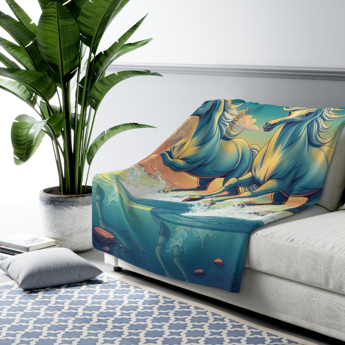 "Two White Horses Running Under a Duel Moon" Sherpa Fleece Blanket