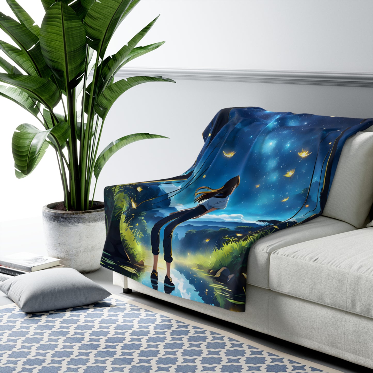 Magical Anime Girl Walking On Water In Mystical Fantasy World At Night Fleece Blanket