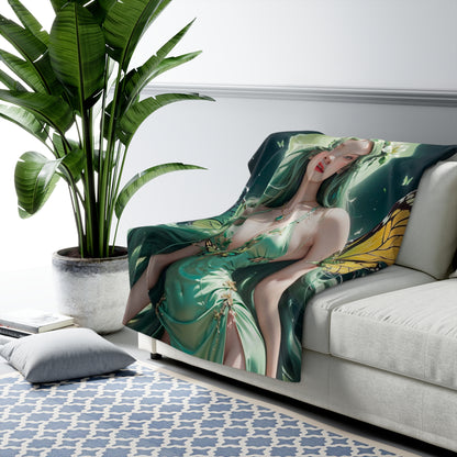 Green-Haired Seductive Butterfly Fairy At Night Fleece Blanket