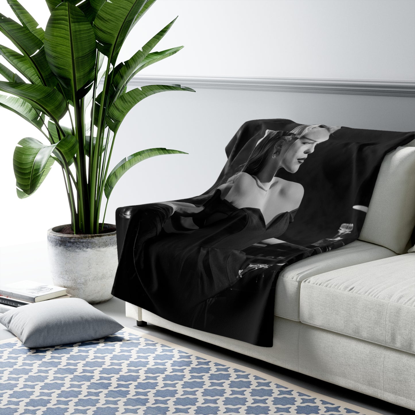 Old Fashioned Black And White Blonde Haired Woman Gazing Fleece Blanket