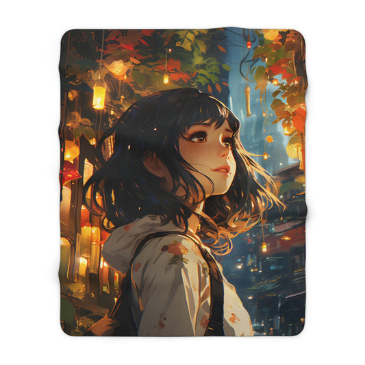 Beautiful Black-Haired Girl Under Candles In Japan at Night Fleece Blanket