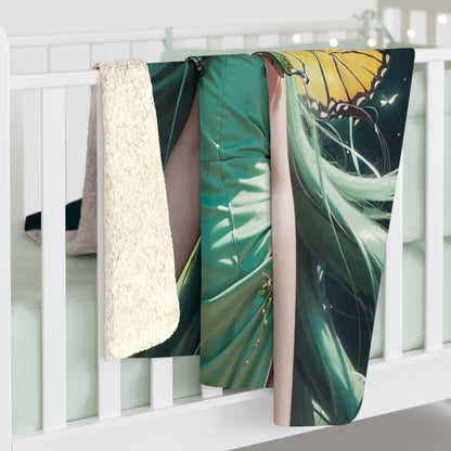 Green-Haired Seductive Butterfly Fairy At Night Fleece Blanket