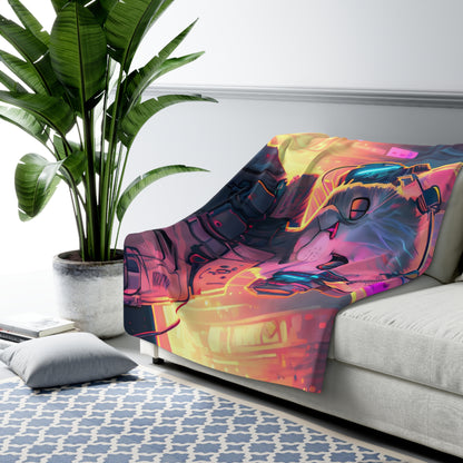 White Futuristic Cyberpunk Techno Cat With Headphones Fleece Blanket