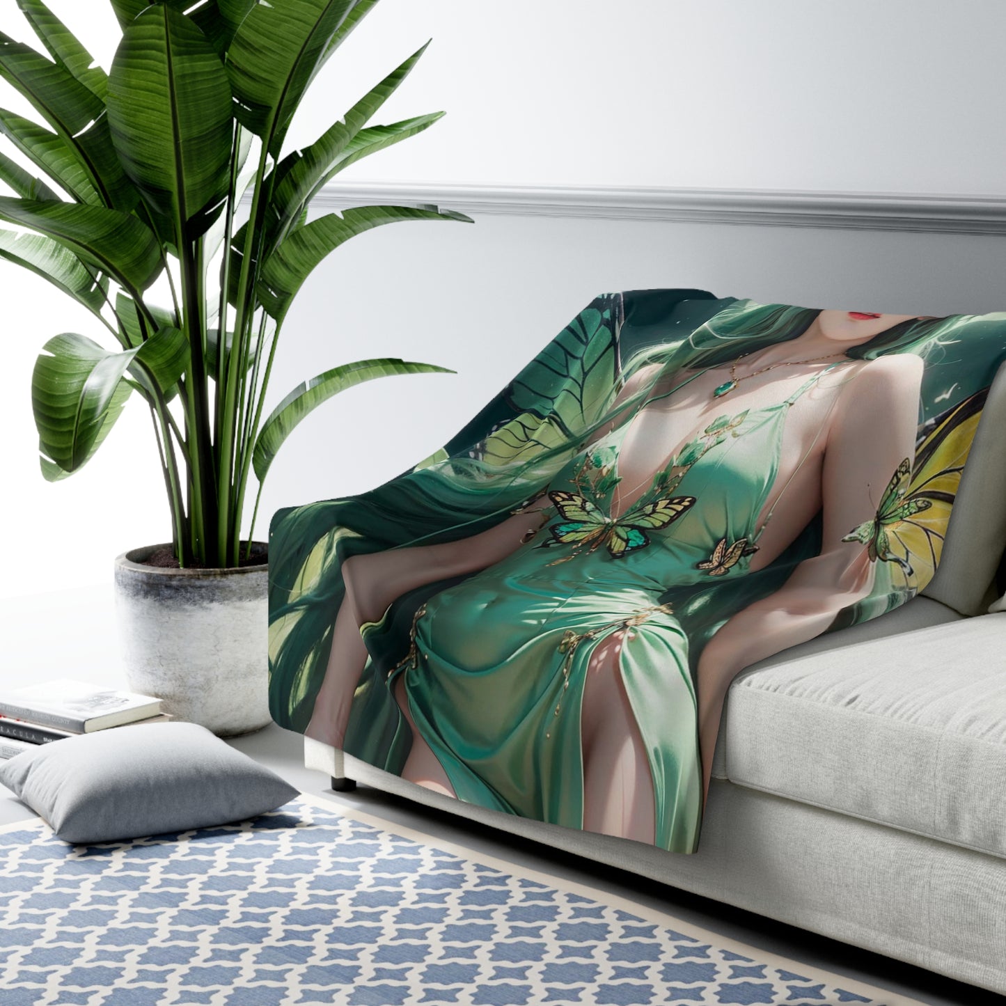 Green-Haired Seductive Butterfly Fairy At Night Fleece Blanket