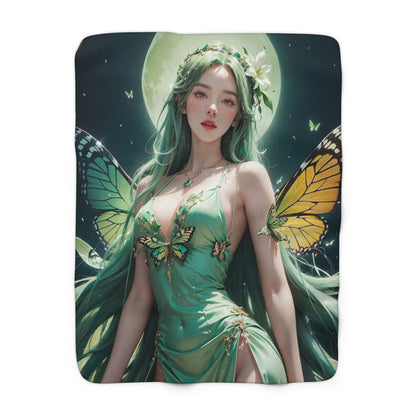 Green-Haired Seductive Butterfly Fairy At Night Fleece Blanket