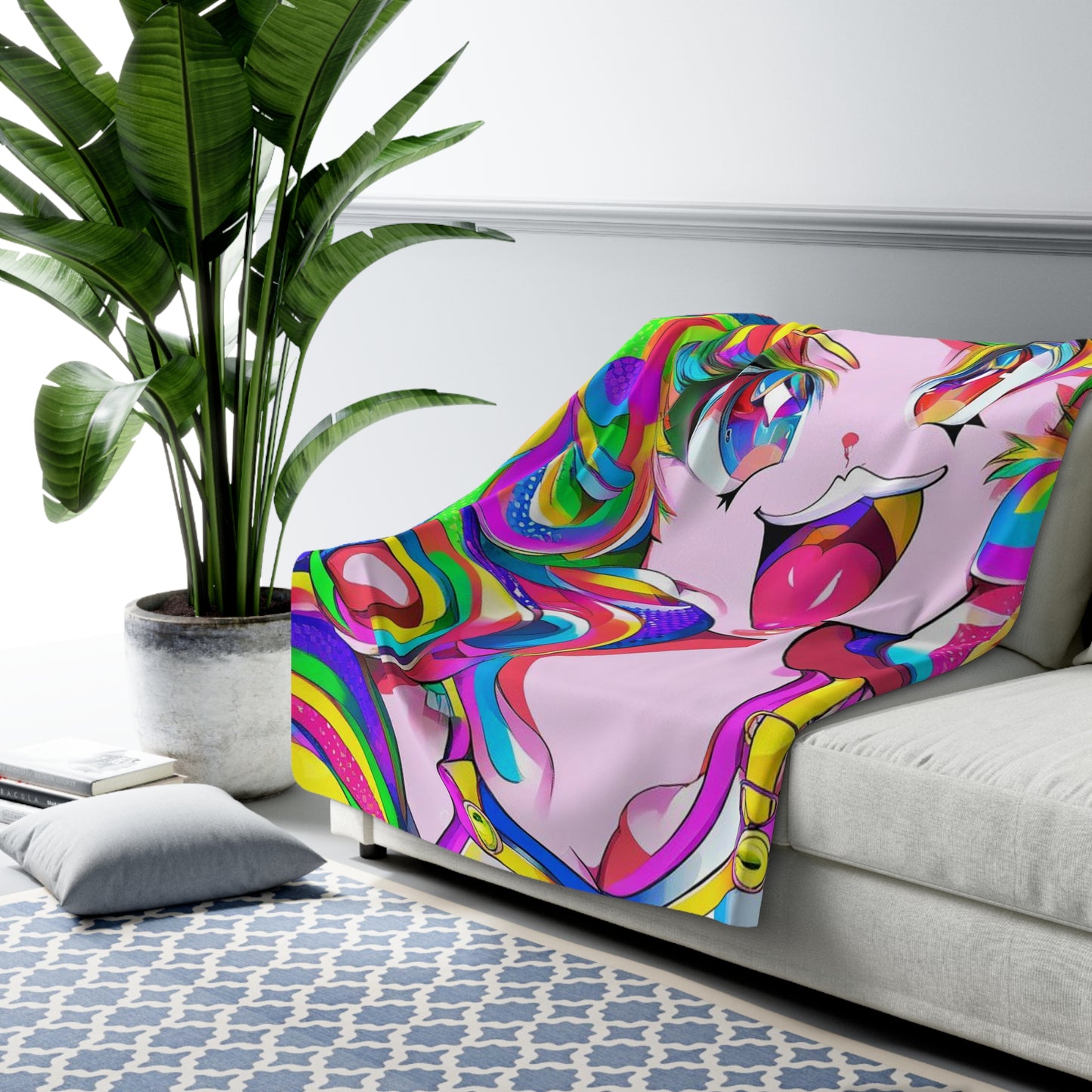 Trippy Rainbow Anime Girl Blanket Sherpa Fleece Blanket