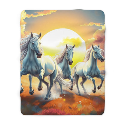 "Three White Horses Against the Sunset"  Sherpa Fleece Blanket