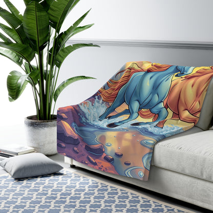 "Blue and Orange Horse Friends" Sherpa Fleece Blanket