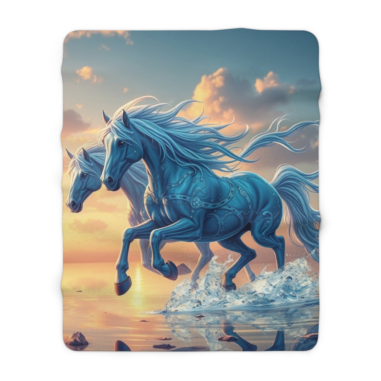 "Twin Blue Horses Running on Water" Sherpa Fleece Blanket