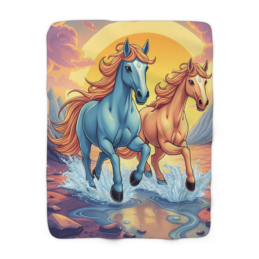 "Blue and Orange Horse Friends" Sherpa Fleece Blanket