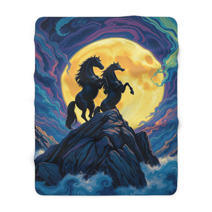 "Twin Black Horses and An Enchanted Night" Sherpa Fleece Blanket