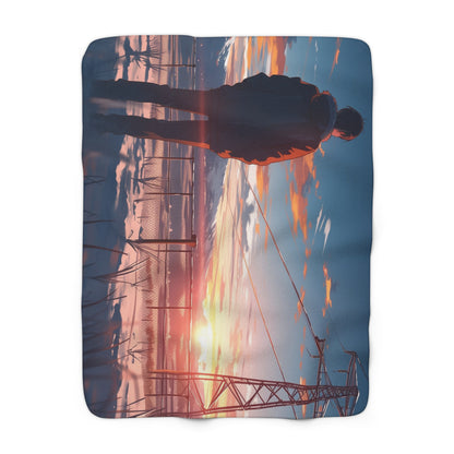 Young Man Boy Gazing At Powerline Landscape Fleece Blanket