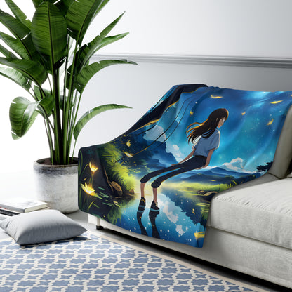 Magical Anime Girl Walking On Water In Mystical Fantasy World At Night Fleece Blanket