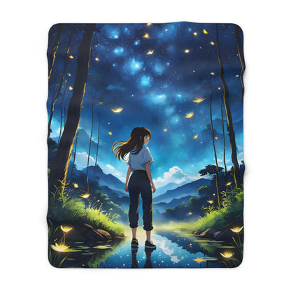 Magical Anime Girl Walking On Water In Mystical Fantasy World At Night Fleece Blanket