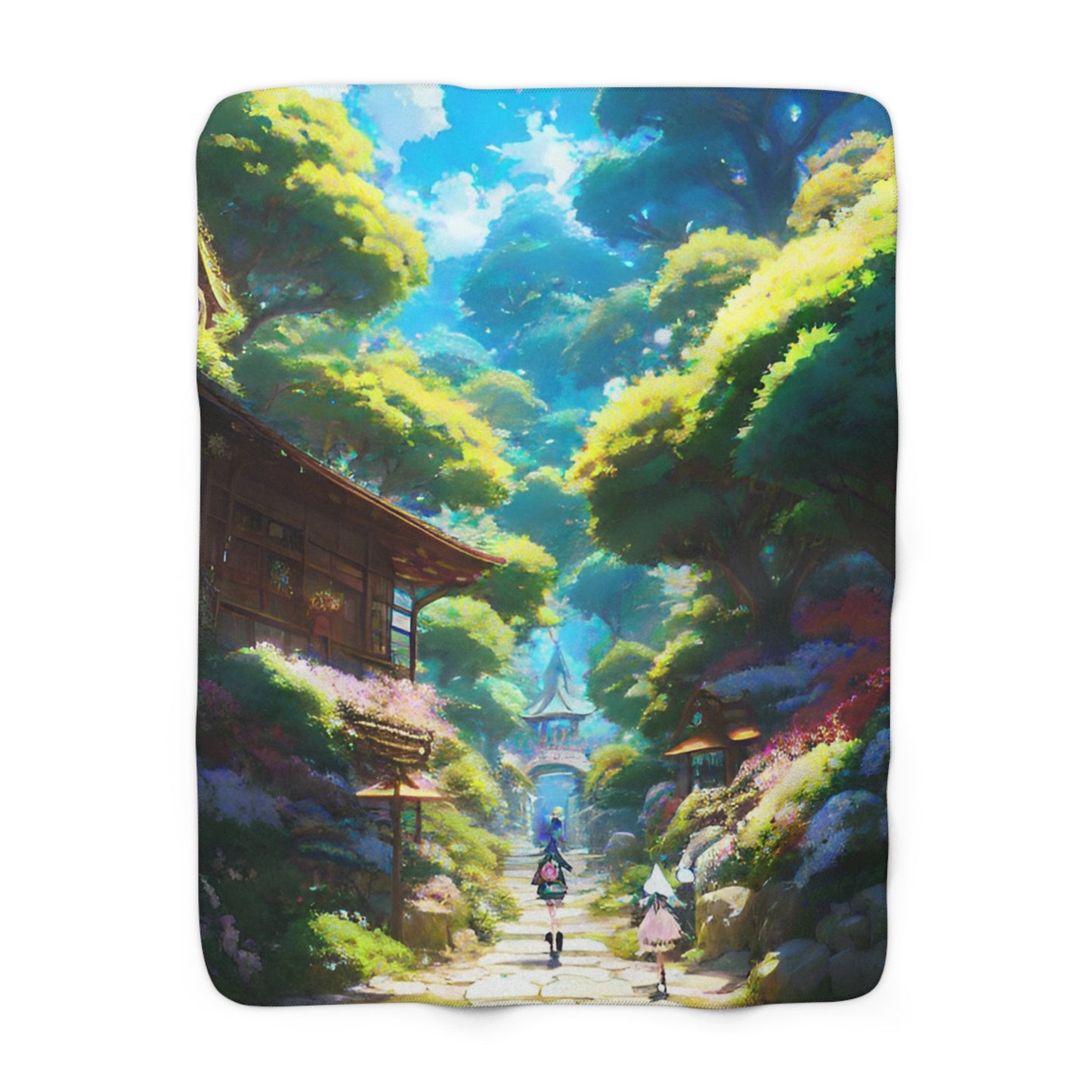 Two People Wandering Through A Japanese Town Into The Forest Fleece Blanket