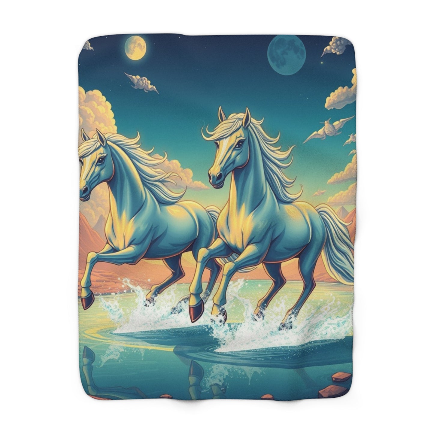 "Two White Horses Running Under a Duel Moon" Sherpa Fleece Blanket