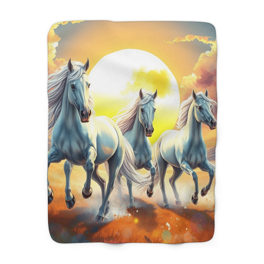 "Three White Horses Against the Sunset"  Sherpa Fleece Blanket