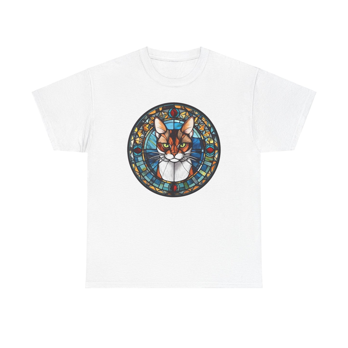 Calico Cat Coming Out of a Stained-Glass Window Heavy Cotton Tee