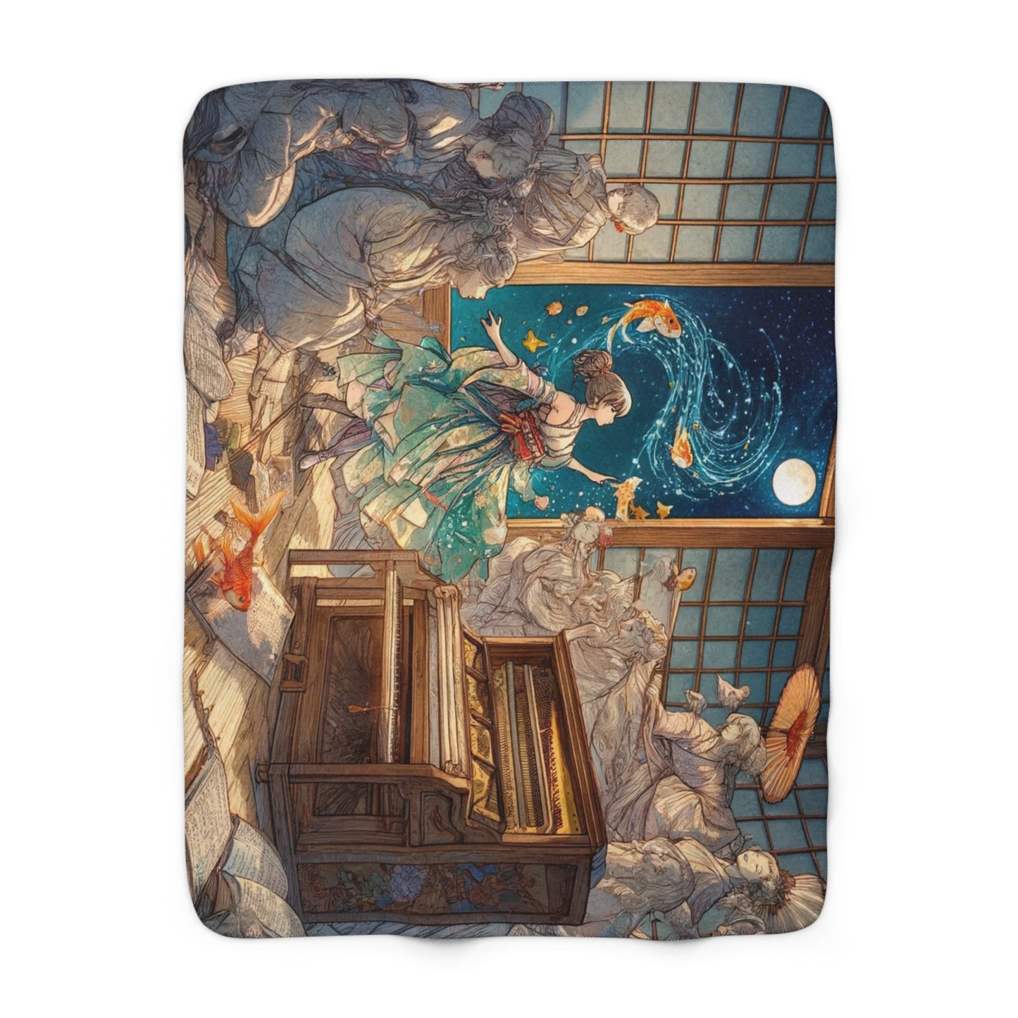 Japanese Girl Dancing With Fish Fleece Blanket