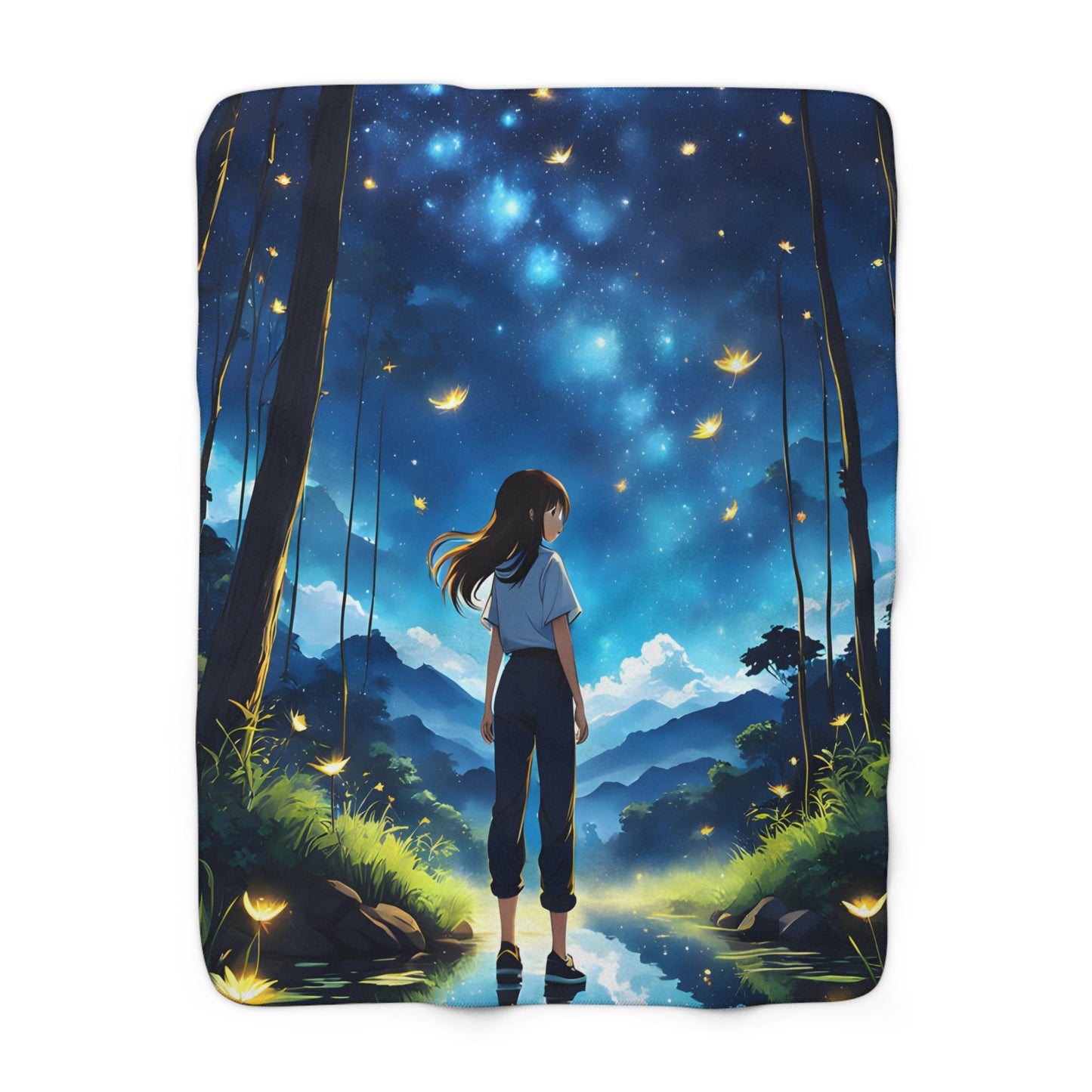 Magical Anime Girl Walking On Water In Mystical Fantasy World At Night Fleece Blanket