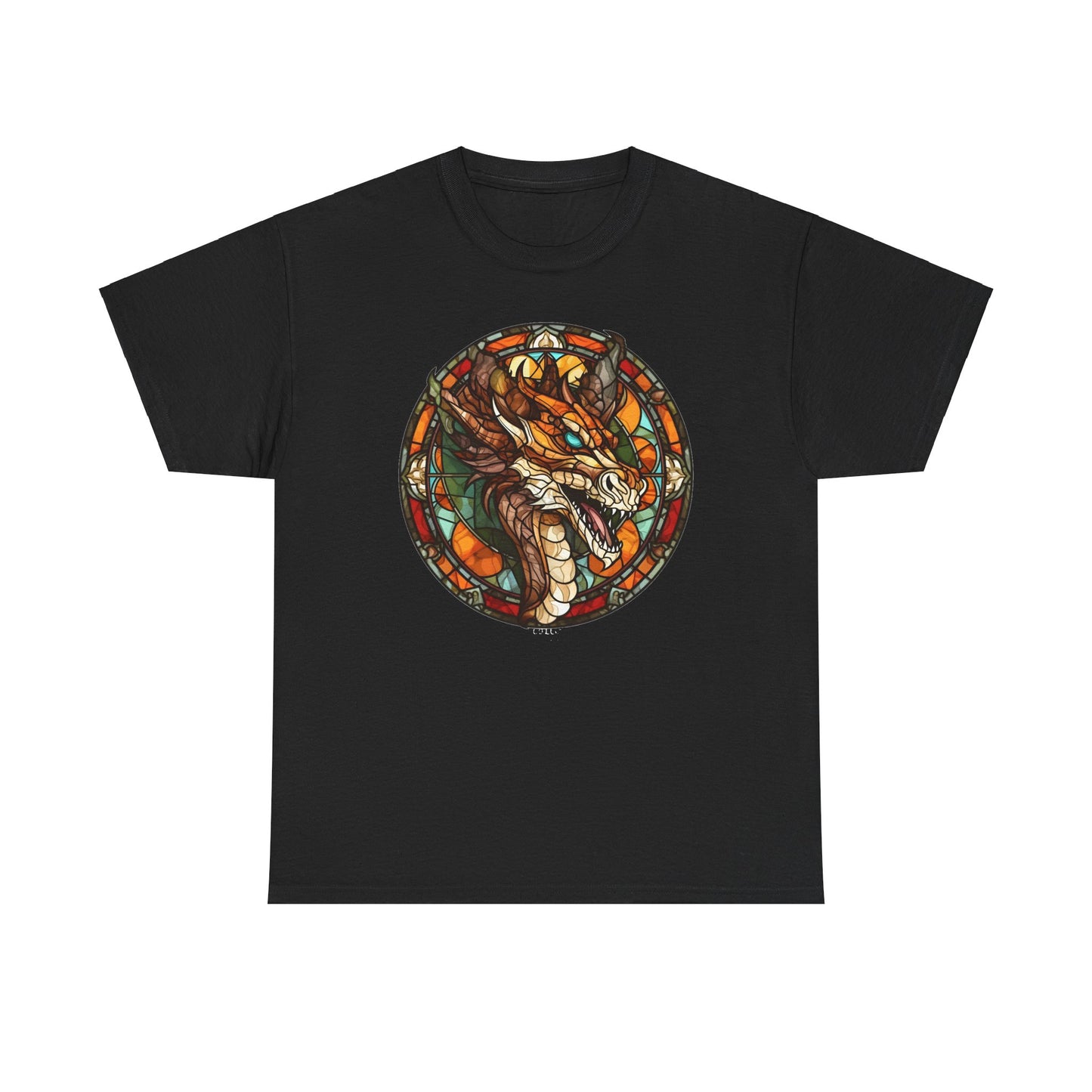 Aquamarine-Eyed Bronze Stain-Glass Dragon Heavy Cotton Tee