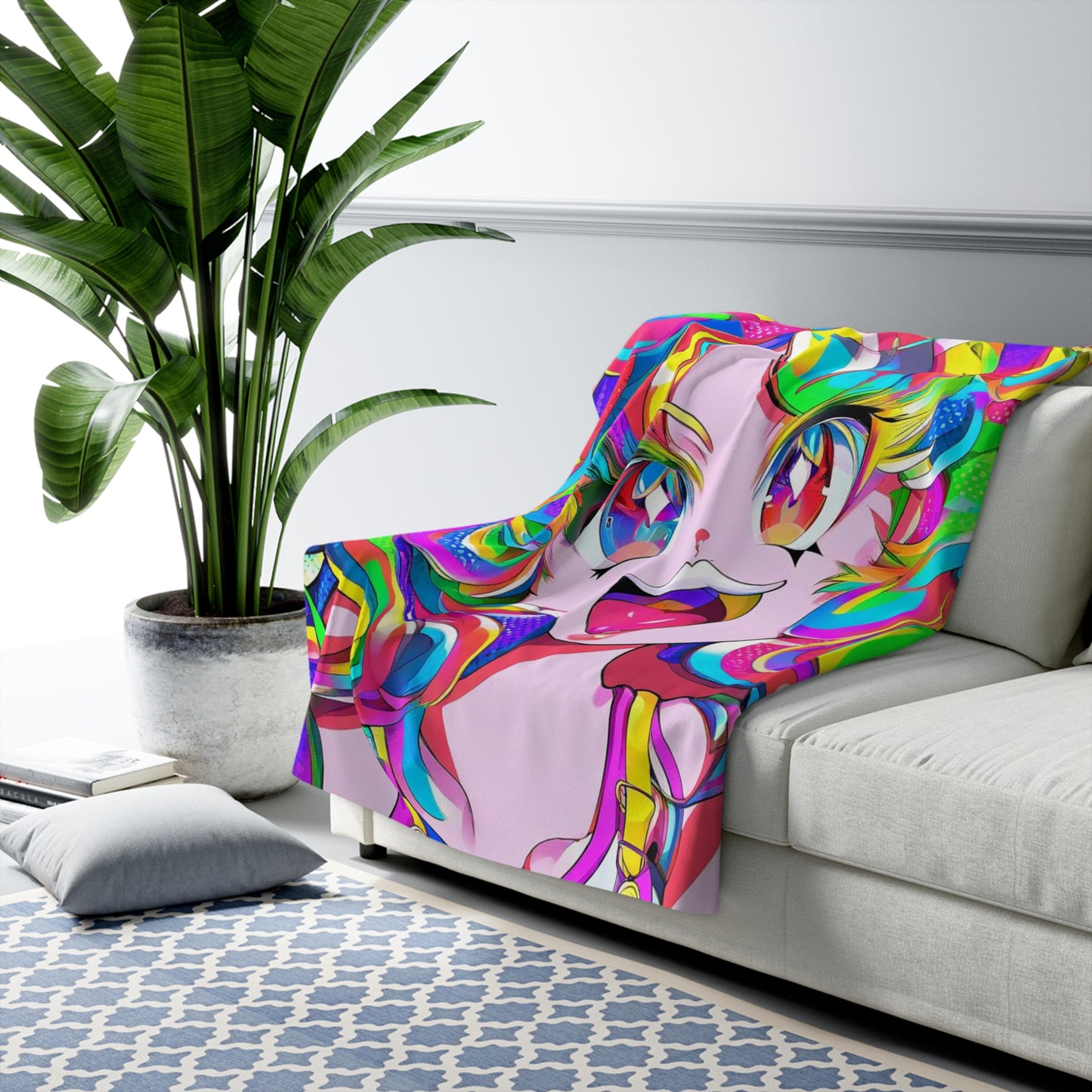 Trippy Rainbow Anime Girl Blanket Sherpa Fleece Blanket