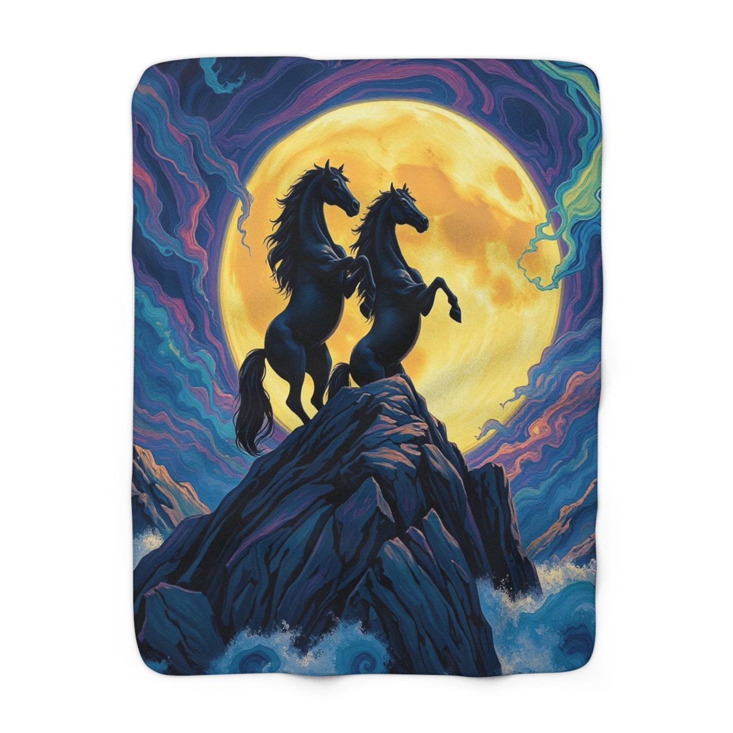 "Twin Black Horses and An Enchanted Night" Sherpa Fleece Blanket