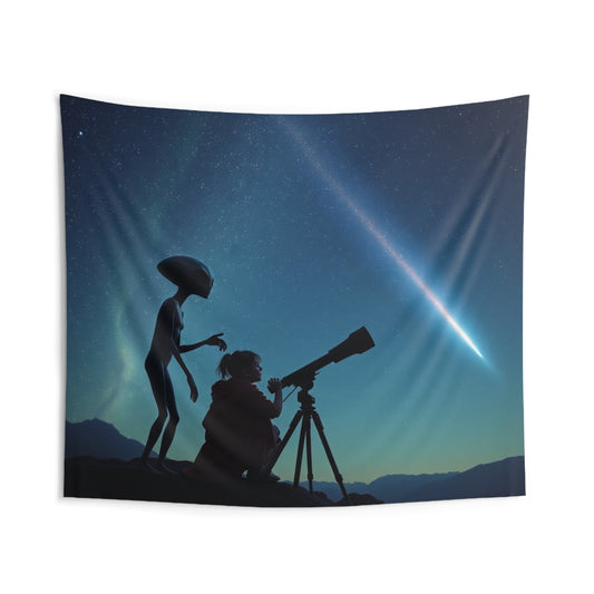 "Alien and Girl Using Telescope" Indoor Wall Tapestries