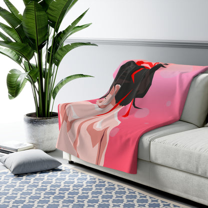 Brown-haired Girl With Red Ribbon Peering Over Shoulder Fleece Blanket