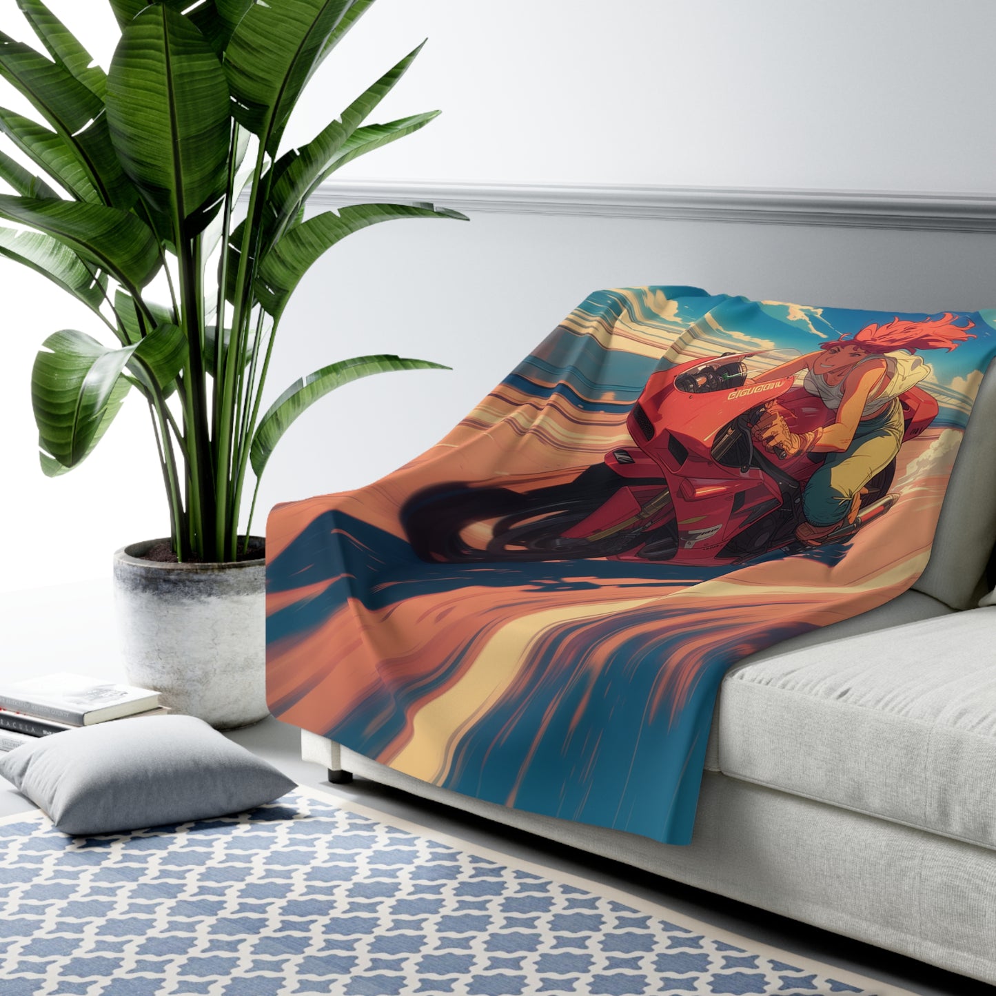 Fast Motorcycle Driving Red-Haired Anime Girl Fleece Blanket