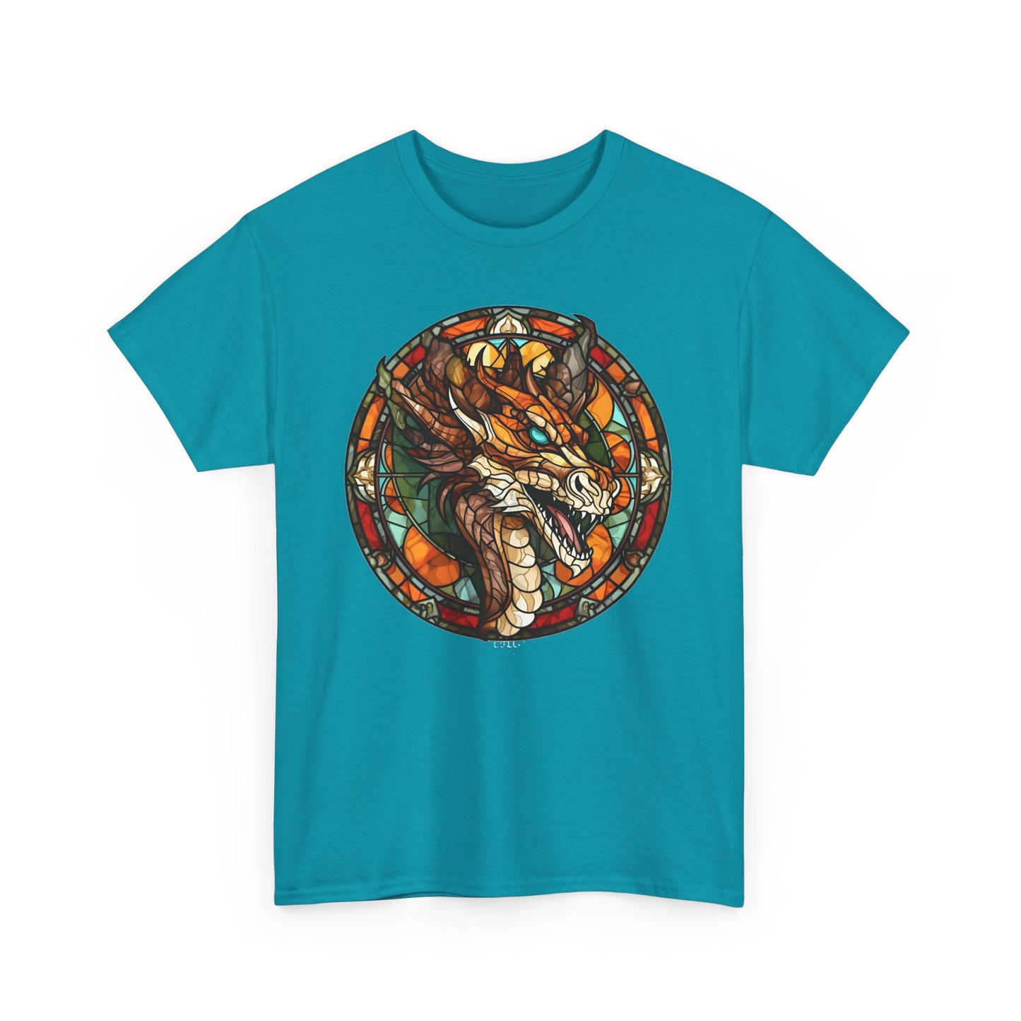 Aquamarine-Eyed Bronze Stain-Glass Dragon Heavy Cotton Tee