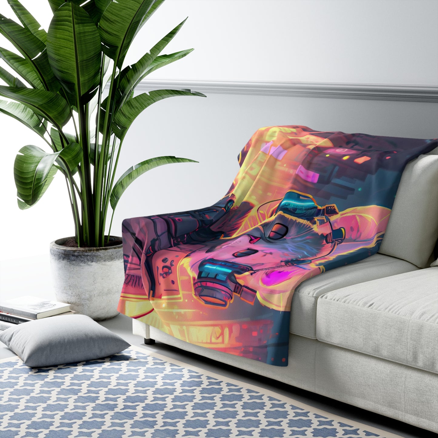 White Futuristic Cyberpunk Techno Cat With Headphones Fleece Blanket