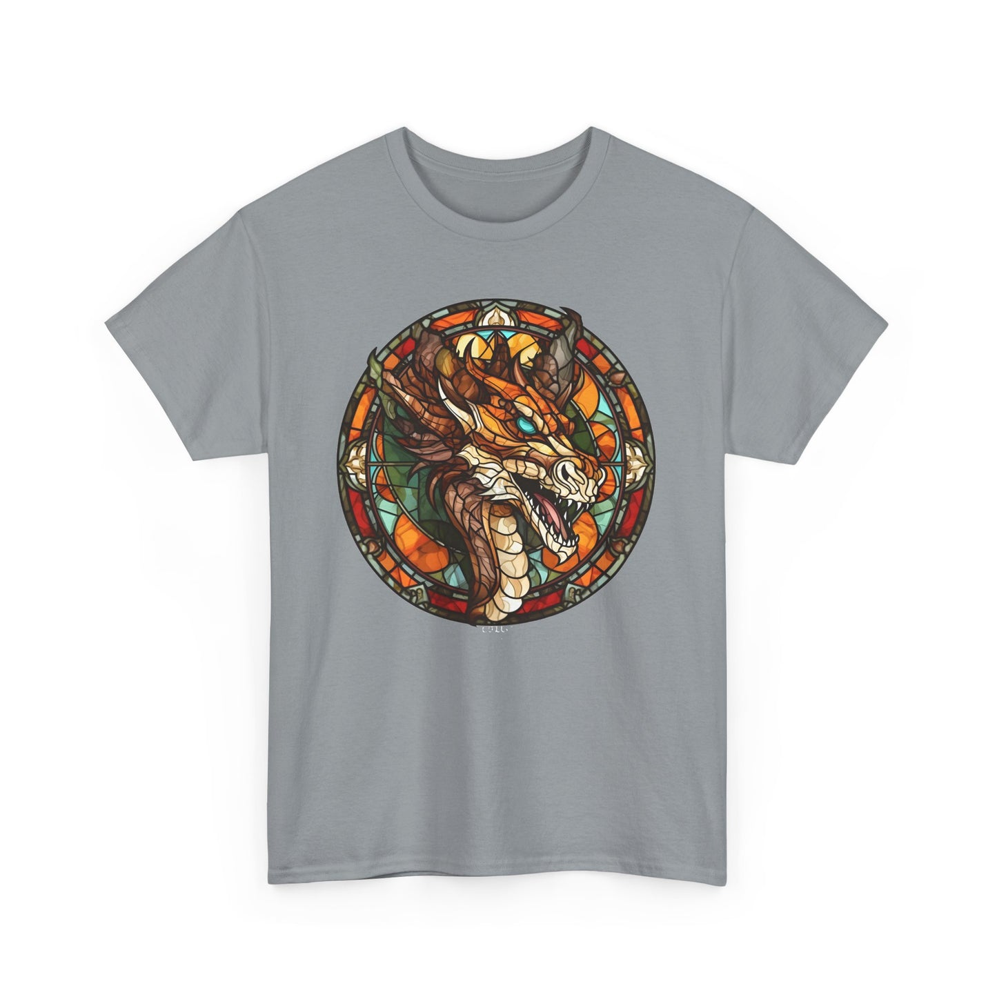 Aquamarine-Eyed Bronze Stain-Glass Dragon Heavy Cotton Tee