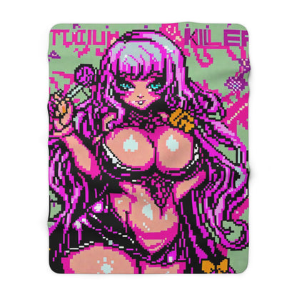 Pixelated Thicc Purple-Haired Waifu Blanket Sherpa Fleece Blanket