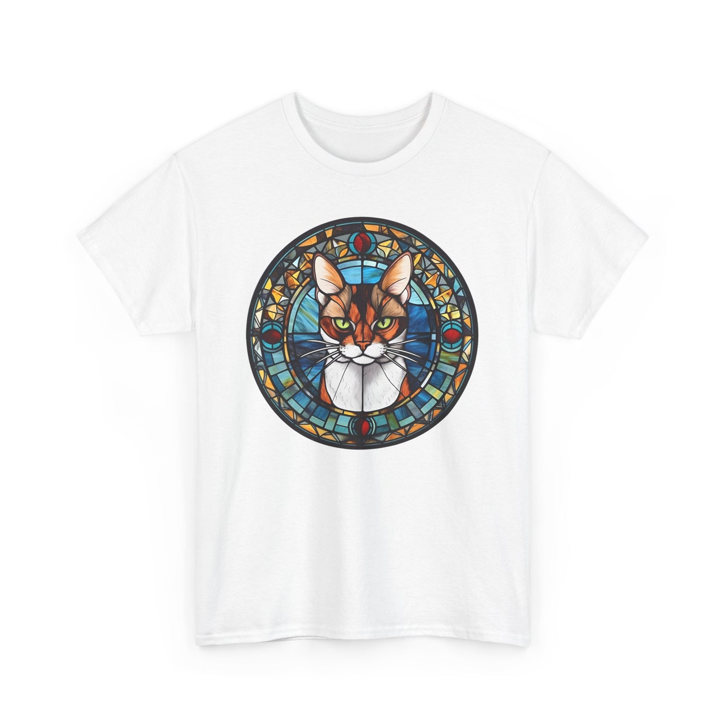 Calico Cat Coming Out of a Stained-Glass Window Heavy Cotton Tee