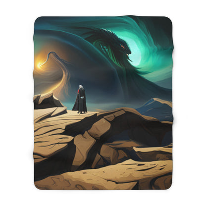 White-Haired Wanderer Being Watched By Giant Alien on Alien Planet Fleece Blanket