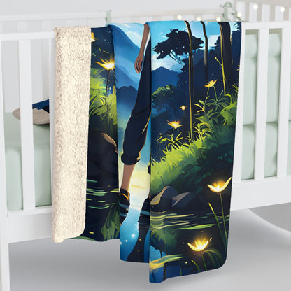 Magical Anime Girl Walking On Water In Mystical Fantasy World At Night Fleece Blanket