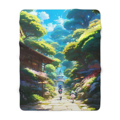 Two People Wandering Through A Japanese Town Into The Forest Fleece Blanket