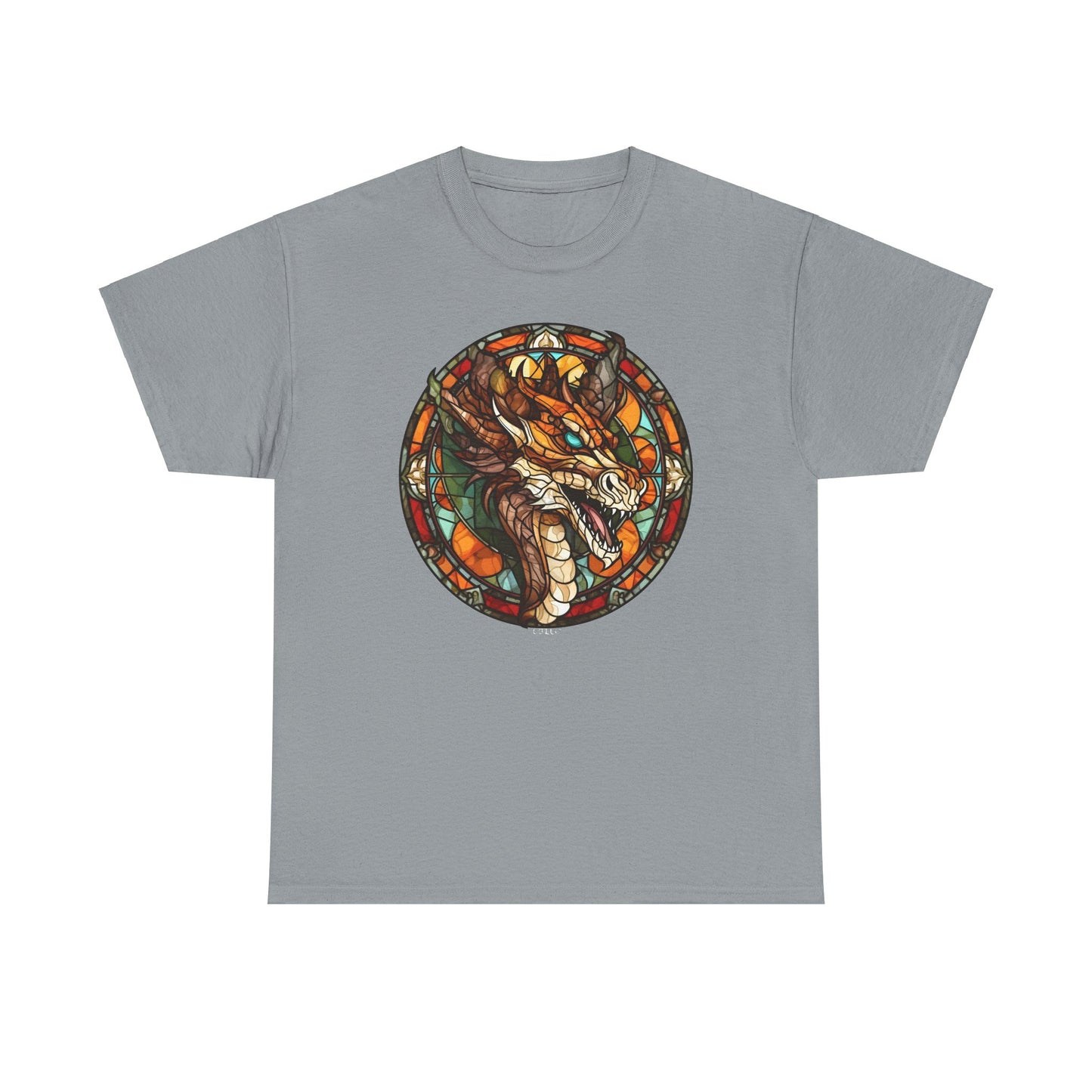 Aquamarine-Eyed Bronze Stain-Glass Dragon Heavy Cotton Tee