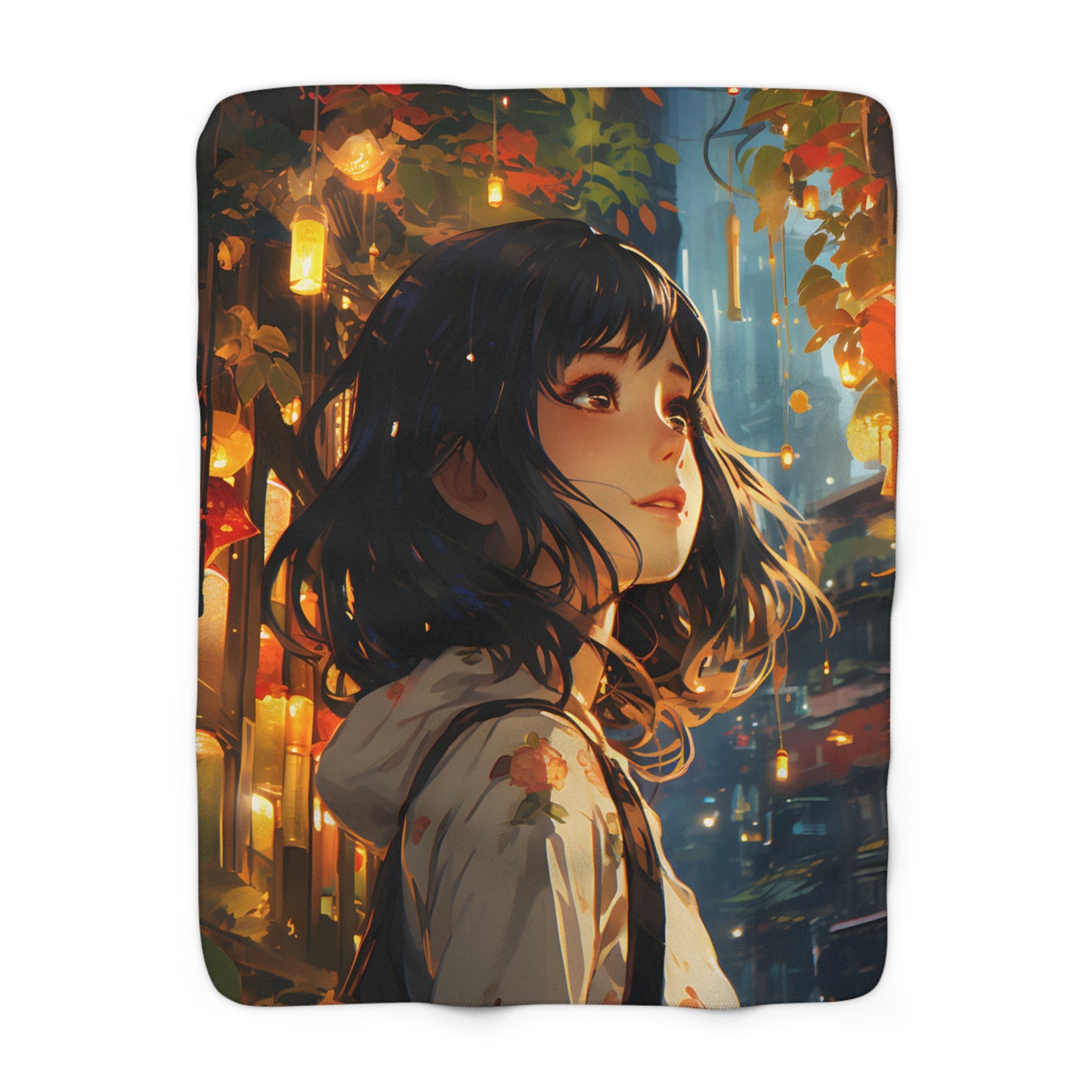 Beautiful Black-Haired Girl Under Candles In Japan at Night Fleece Blanket