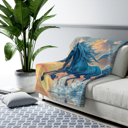 "Twin Blue Horses Running on Water" Sherpa Fleece Blanket