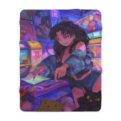 Midnight Arcade Game Playing Black-Haired Girl With Her Cat Fleece Blanket