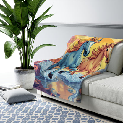 "Blue and Orange Horse Friends" Sherpa Fleece Blanket