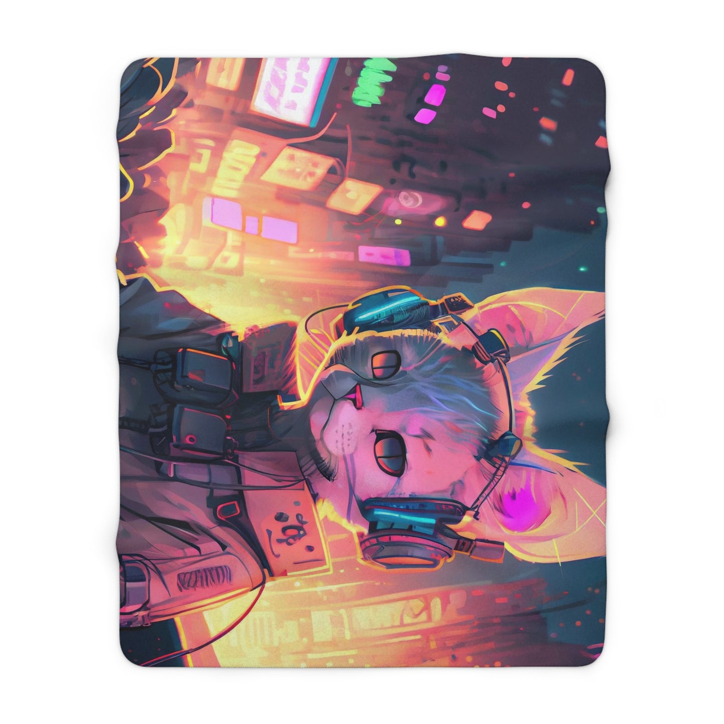 White Futuristic Cyberpunk Techno Cat With Headphones Fleece Blanket