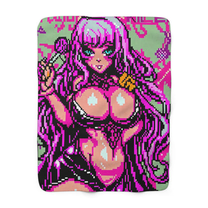 Pixelated Thicc Purple-Haired Waifu Blanket Sherpa Fleece Blanket