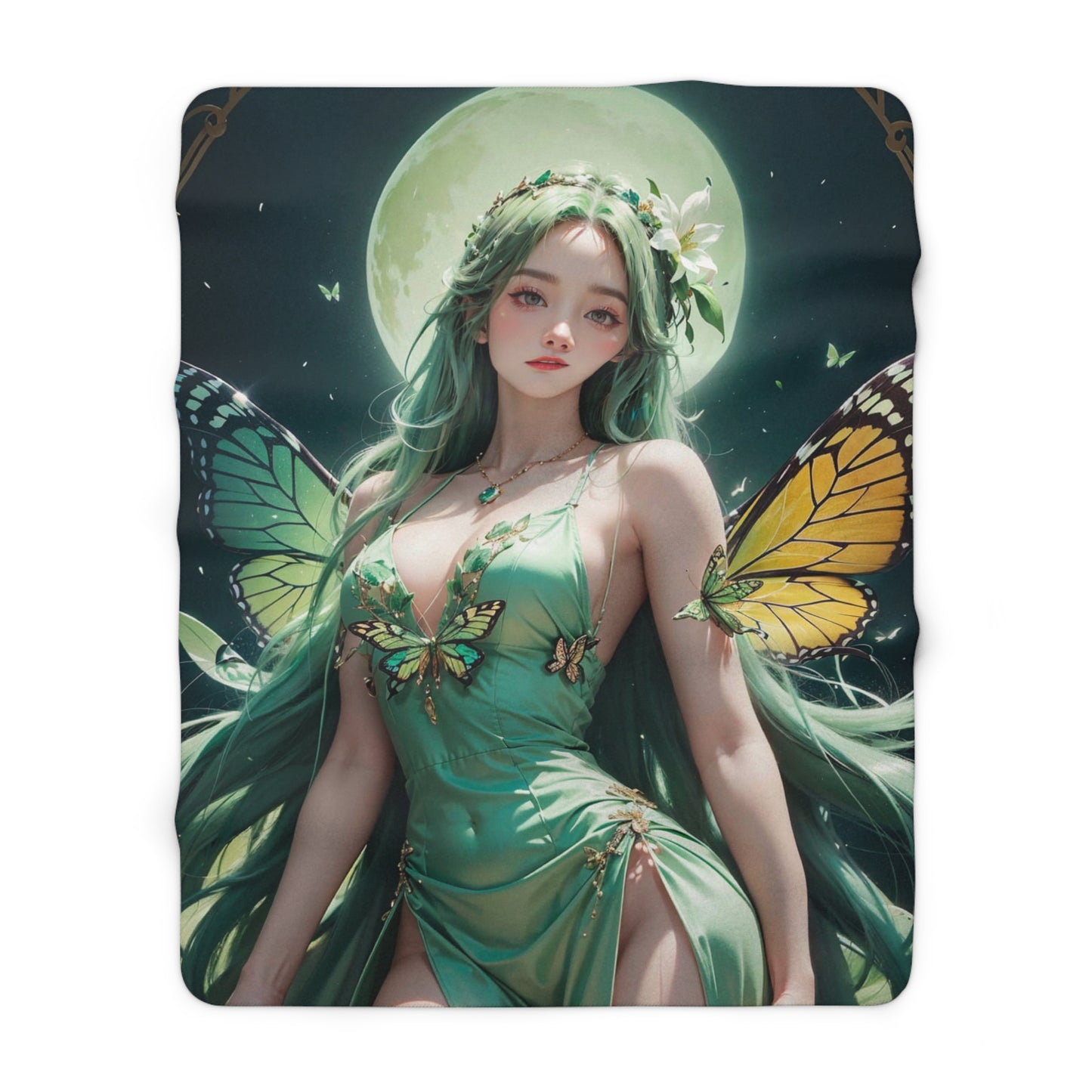 Green-Haired Seductive Butterfly Fairy At Night Fleece Blanket